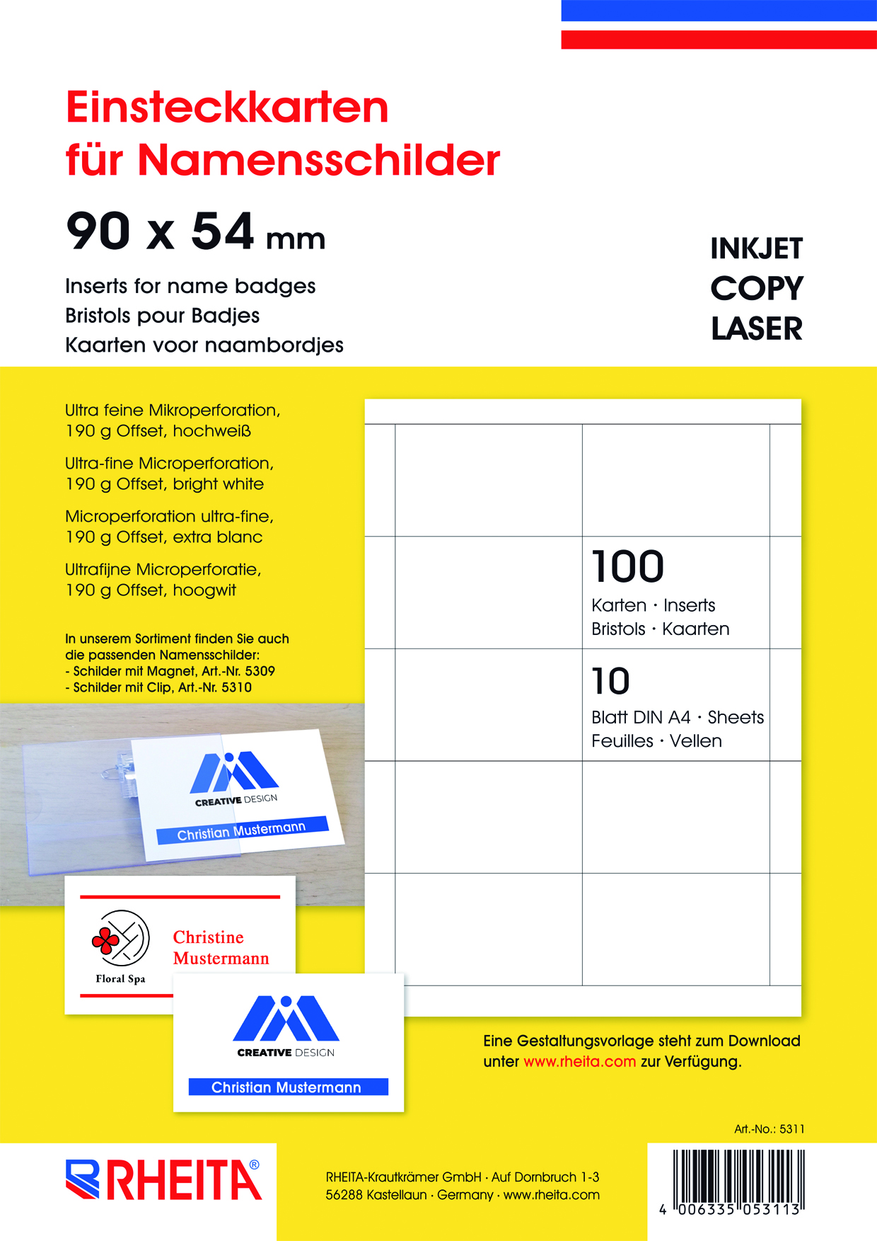rheita-einsteckkarten-f-r-namensschilder-100-st-ck-85x54mm-wei-a4-b-gen image 1