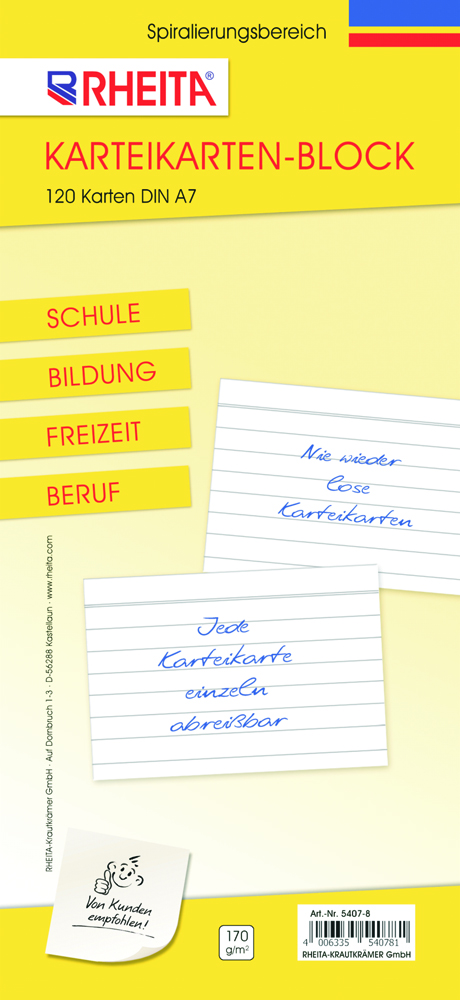 rheita-karteikartenblock-a7-liniert-120-karten-170g-m image 1