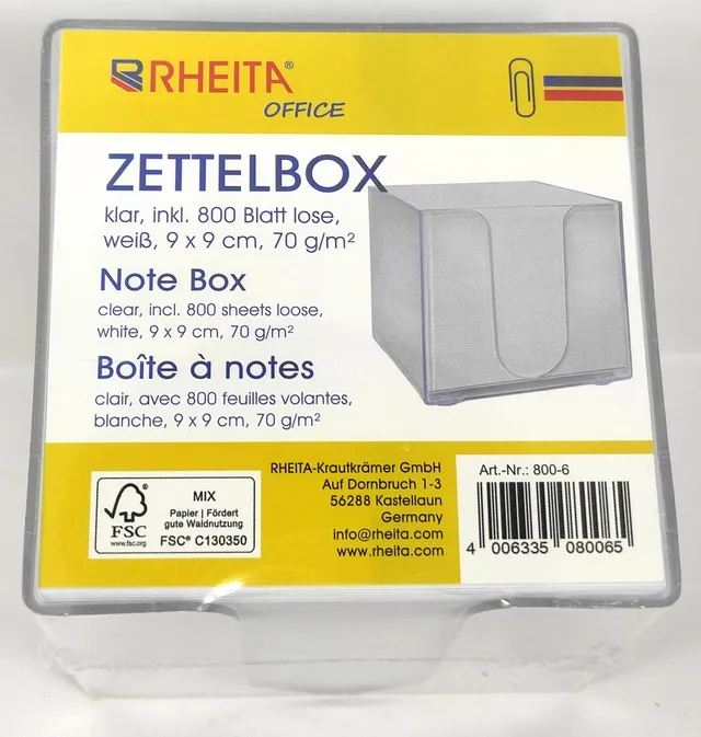rheita-zettelbox-klar-9x9cm-inkl-800-blatt-wei-70g-m-fsc image 1