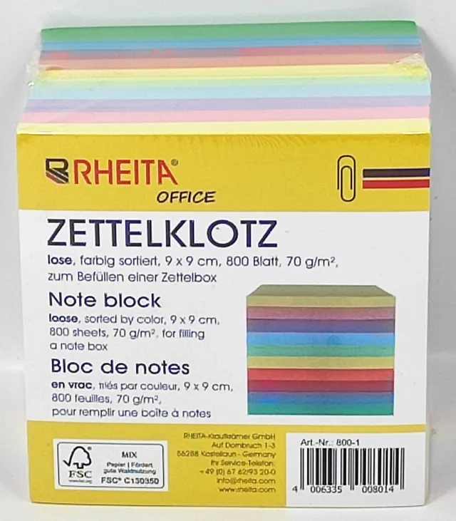 rheita-zettelklotz-farbig-sortiert-lose-9-x-9-cm-800-blatt image 1