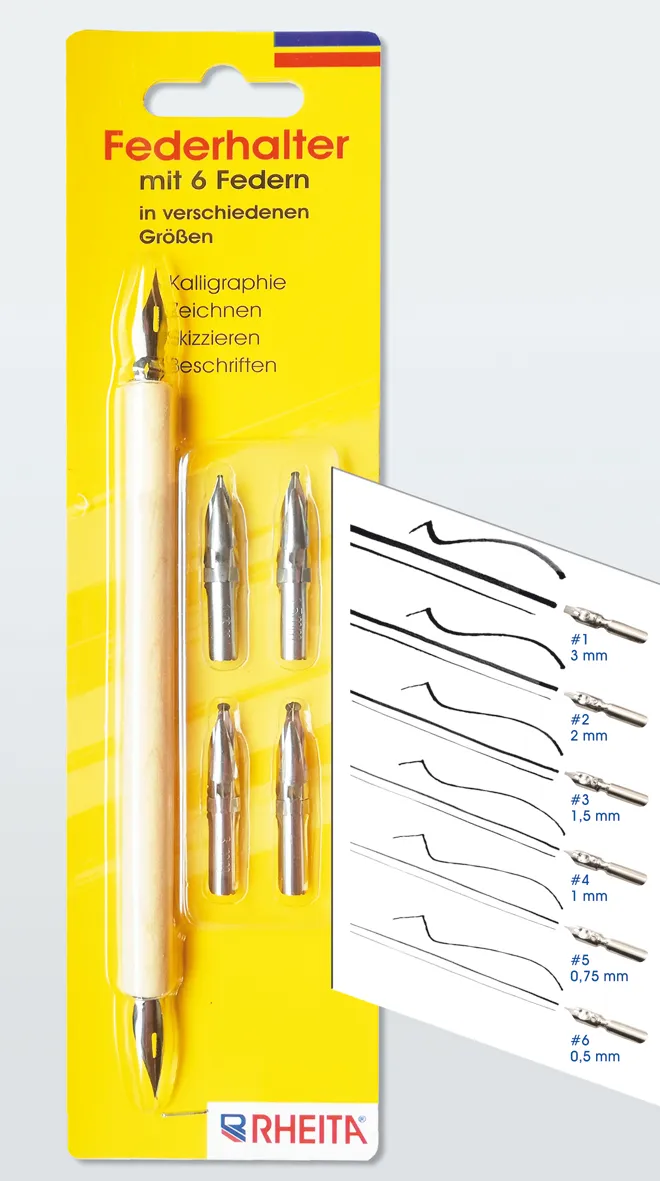 rheita-kalligraphie-set-federhalter-6-federn-natur-blisterkarte image 1