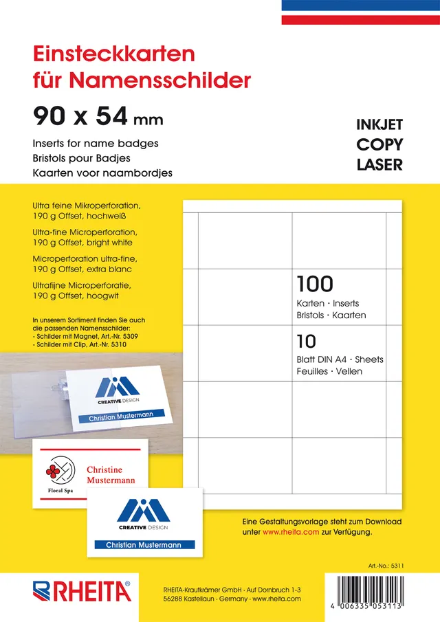 rheita-einsteckkarten-f-r-namensschilder-100-st-ck-85x54mm-wei-a4-b-gen image 1
