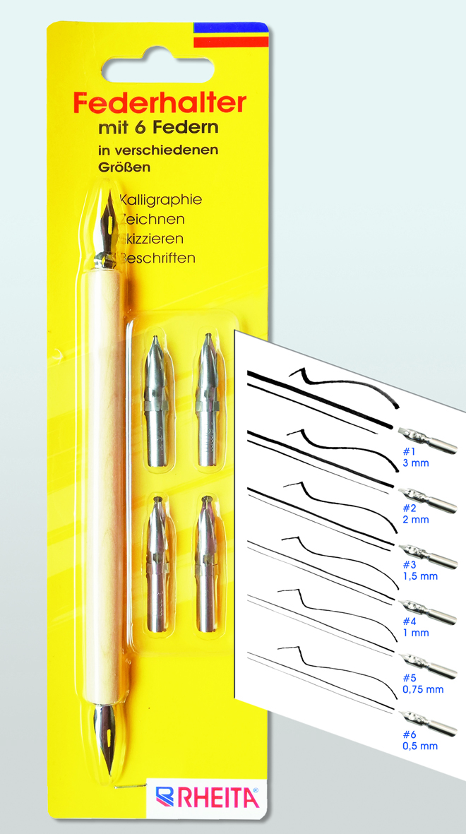 rheita-kalligraphie-set-federhalter-6-federn-natur-blisterkarte image 1
