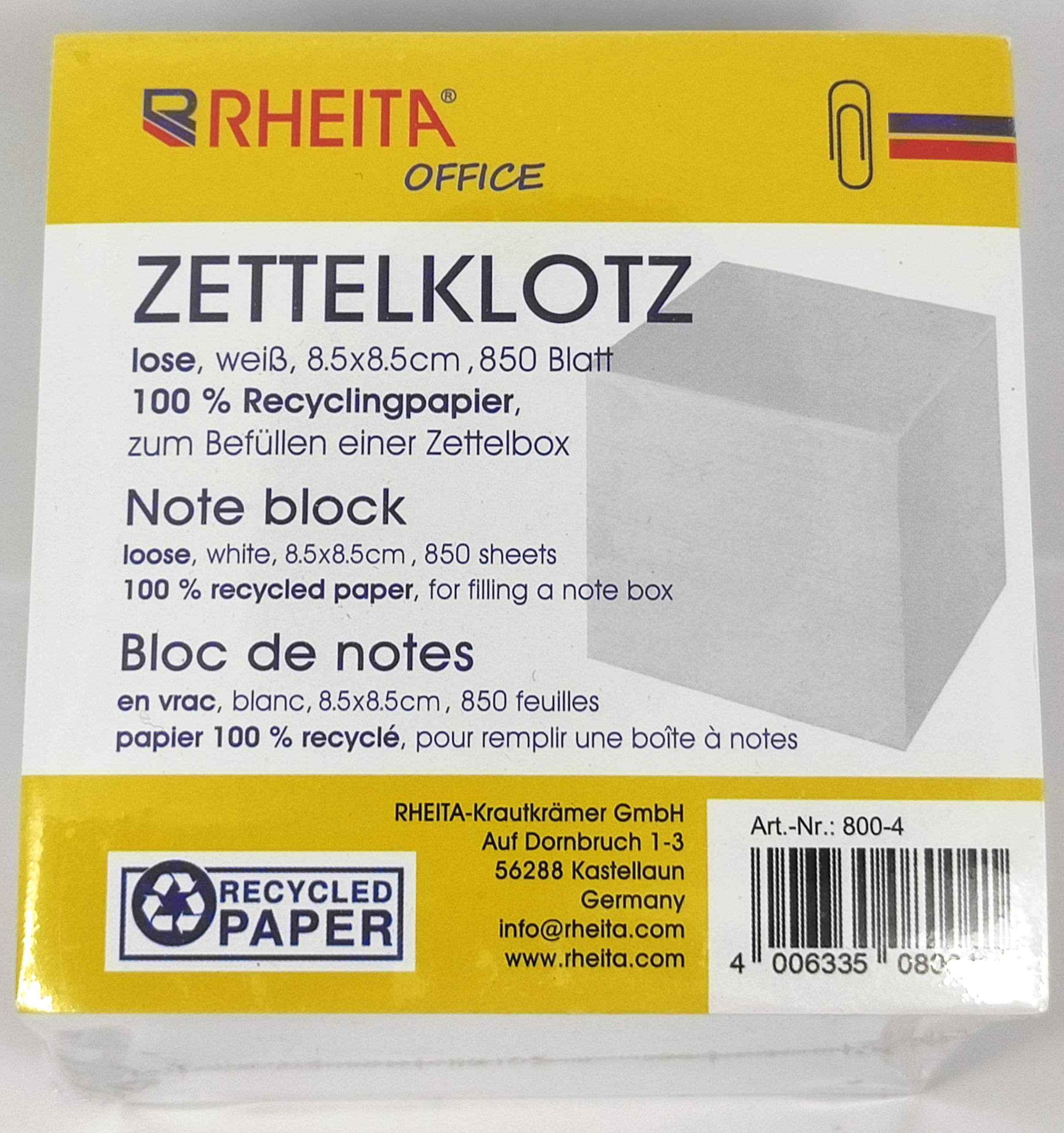 rheita-zettelklotz-lose-8-5x8-5-cm-850-blatt-recycling-wei-70g-m image 1