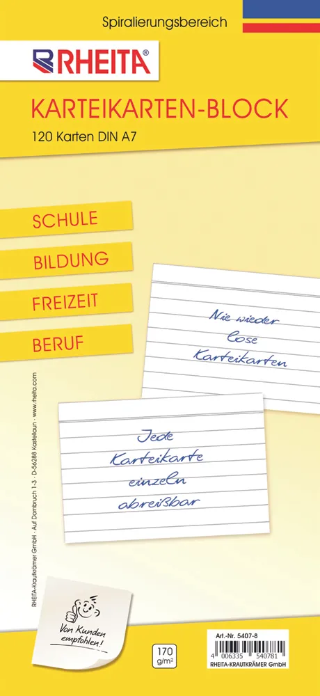 rheita-karteikartenblock-a7-liniert-120-karten-170g-m image 1